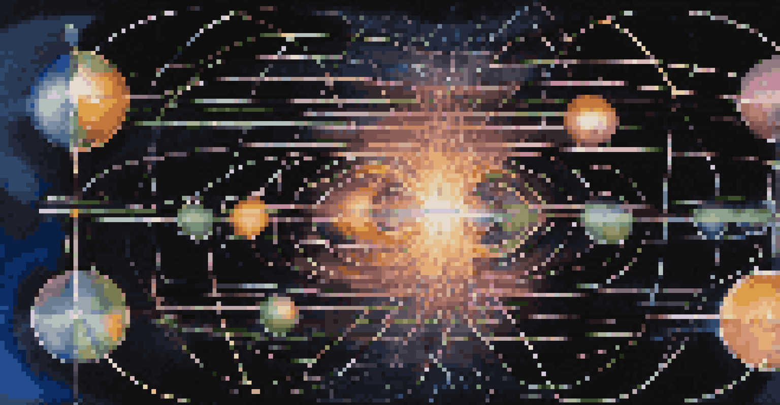 An abstract image of intertwined glowing quantum bits symbolizing quantum key distribution against a dark background.
