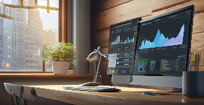 A modern workspace with a computer displaying digital asset management tools, organized desk items, and natural light streaming in.
