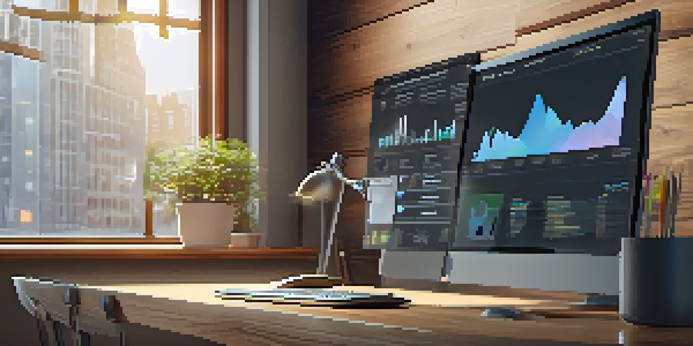 A modern workspace with a computer displaying digital asset management tools, organized desk items, and natural light streaming in.