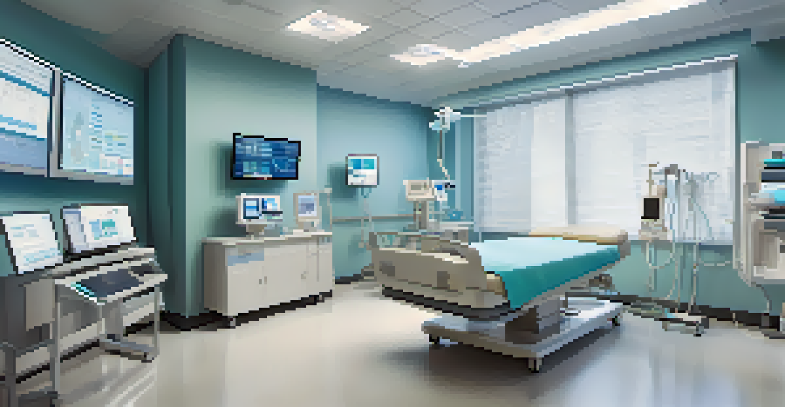 A hospital room with IoT devices monitoring patient health data in real-time, featuring a digital monitor showing vital signs.