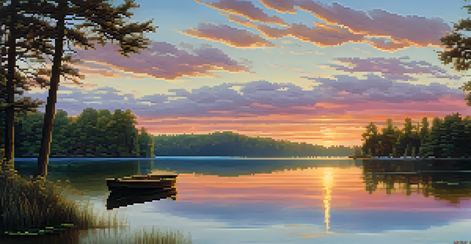 A colorful sunset reflecting on a calm lake, framed by tall trees and a small wooden boat in the foreground.