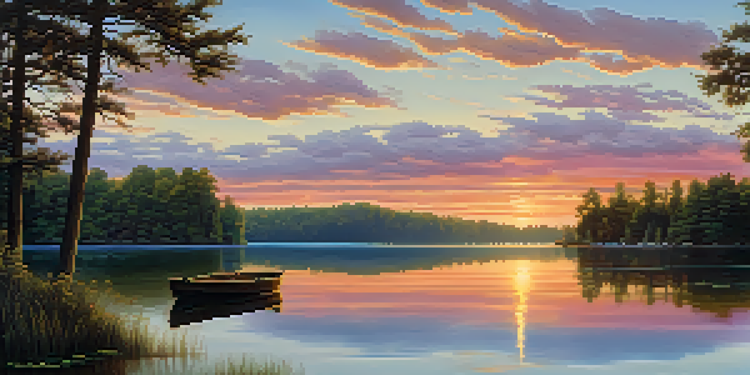 A colorful sunset reflecting on a calm lake, framed by tall trees and a small wooden boat in the foreground.