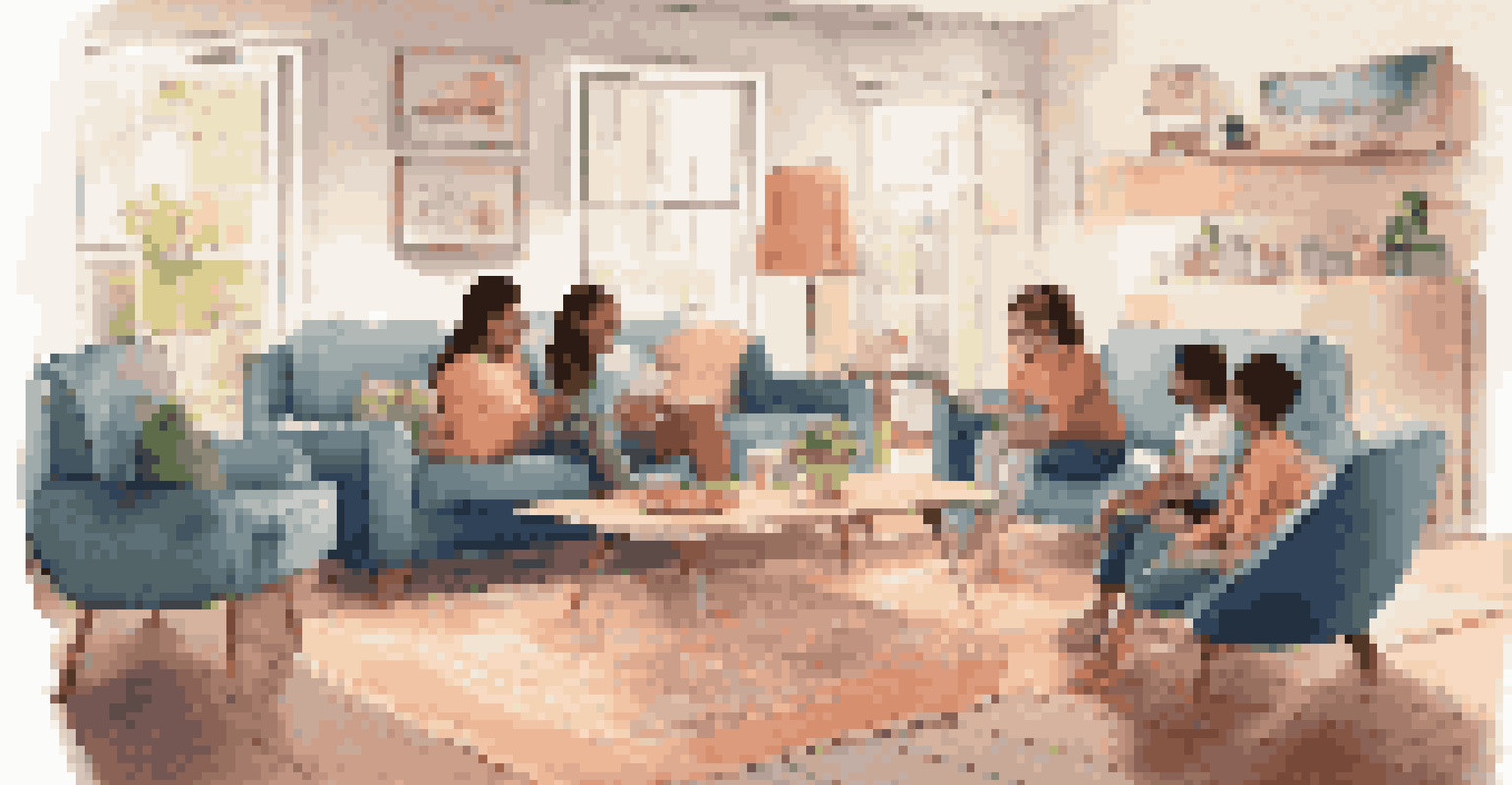 A family in a modern living room interacting with a voice user interface on a smart screen, with children and parents engaging happily.