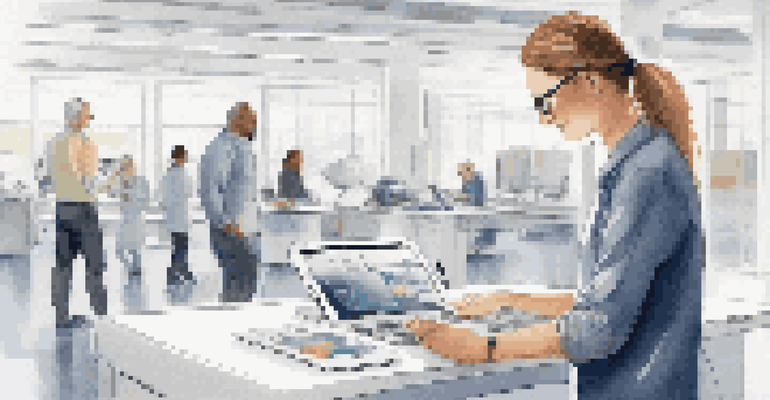 An employee using a tablet with a robotic process automation interface, in a bright and open workspace filled with natural light.