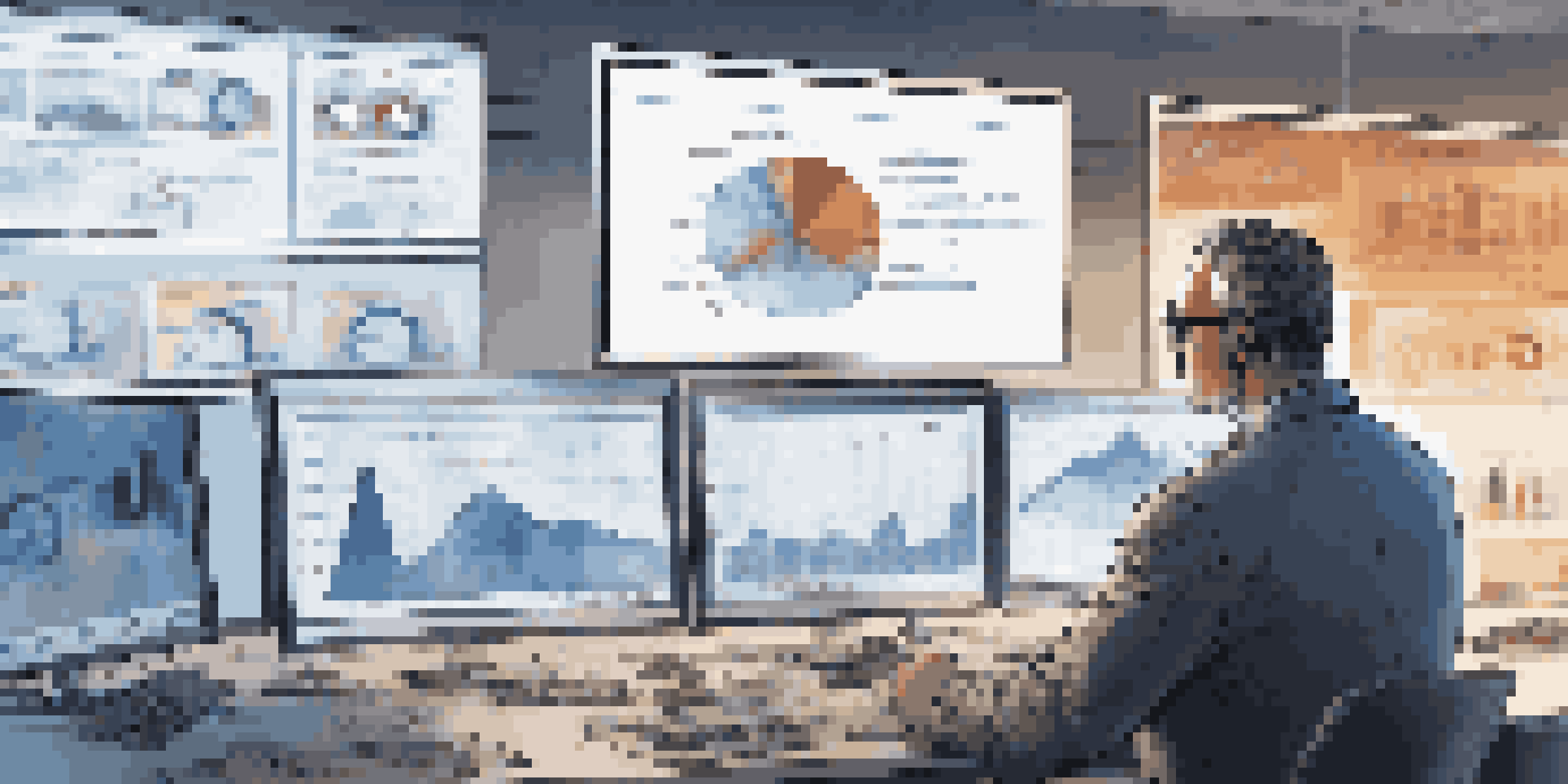A forensic investigator analyzing data on multiple computer screens in a modern office, with a focus on cloud storage visuals.