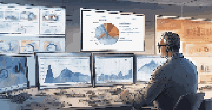 A forensic investigator analyzing data on multiple computer screens in a modern office, with a focus on cloud storage visuals.