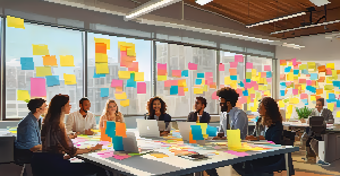 A diverse team of professionals collaborating in a bright office, surrounded by sticky notes and laptops, with sunlight streaming in through large windows.