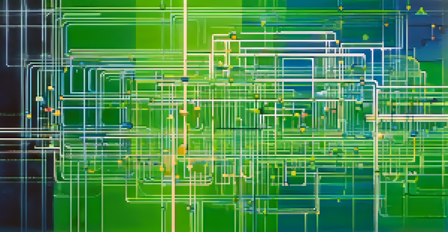 An abstract digital representation of microservices architecture with colorful interconnected nodes and lines against a gradient background.