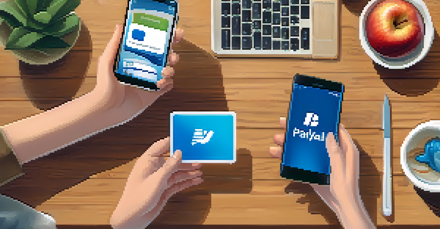 Hands using a smartphone on a table surrounded by popular e-wallet logos.