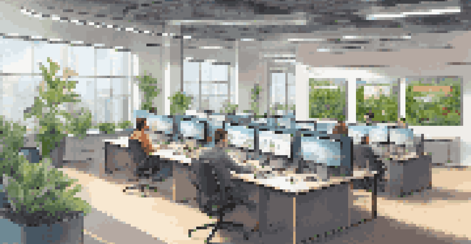 A modern workspace with developers collaborating on eco-friendly practices, surrounded by plants and natural light, with a display of sustainability metrics.