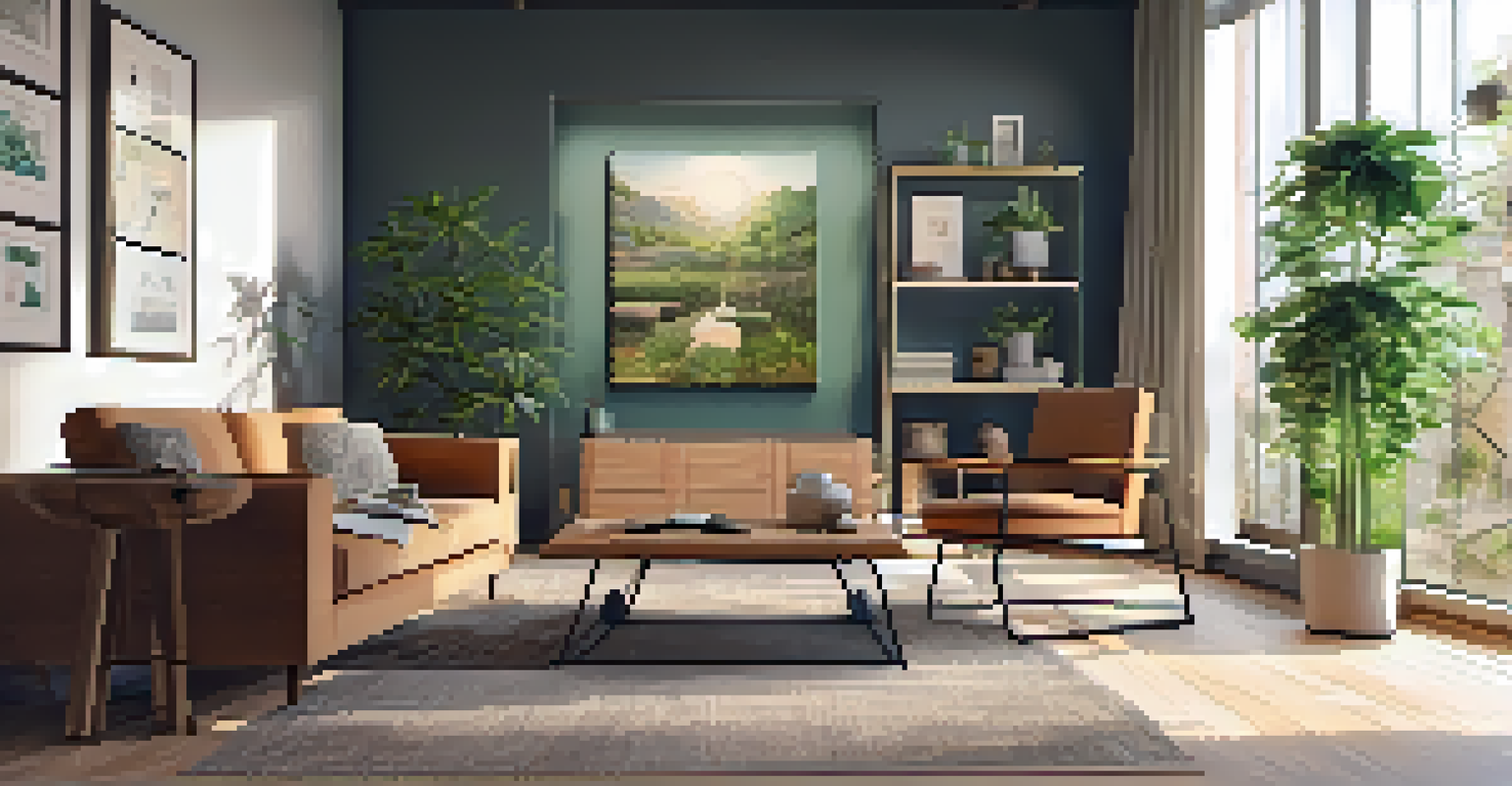 A person using a smartphone to visualize a virtual sofa in their living room, showcasing augmented reality technology in a cozy home setting.