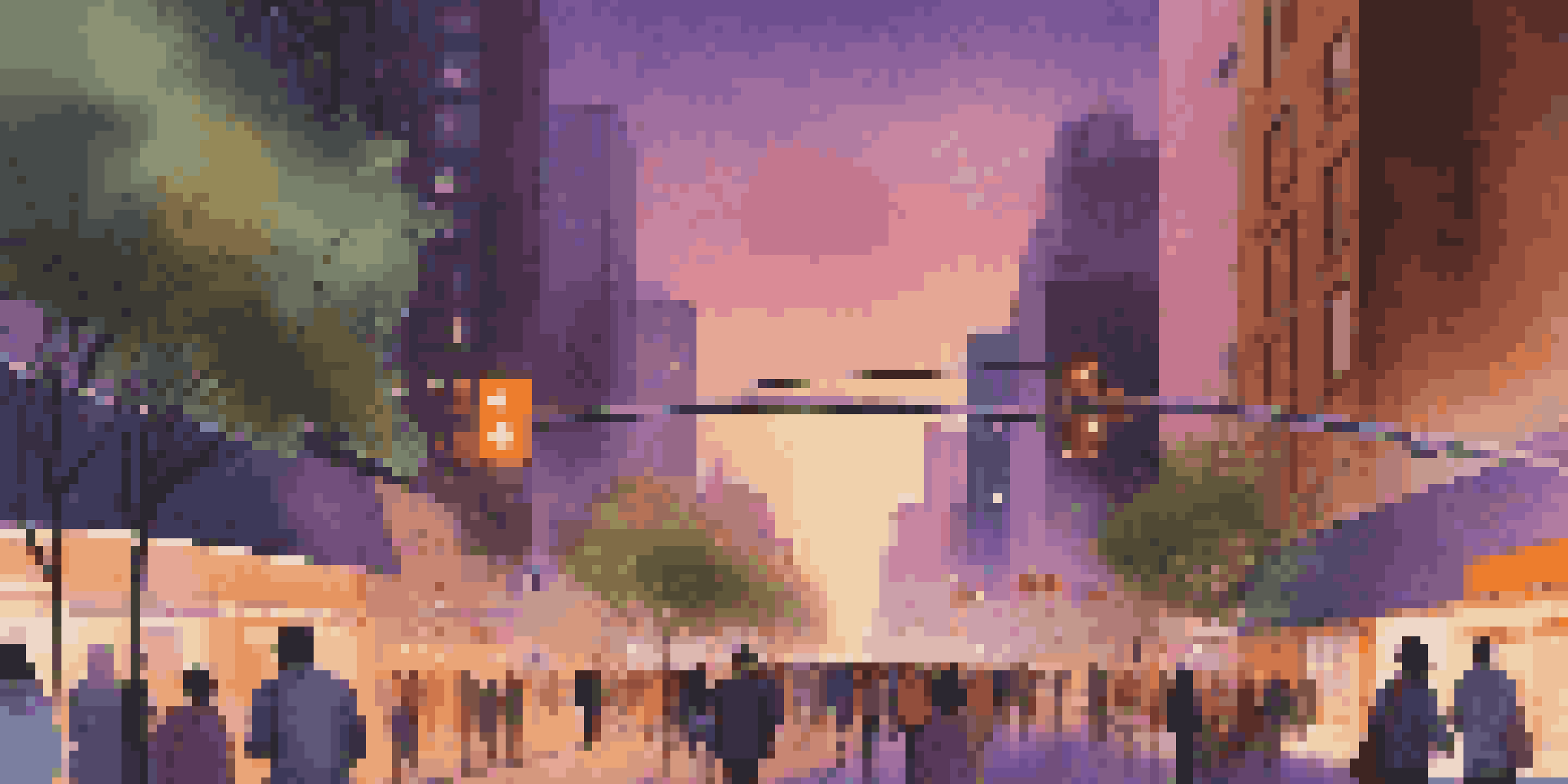 A smart city at dusk with bright streetlights adjusting for pedestrians and digital displays showing real-time safety data.