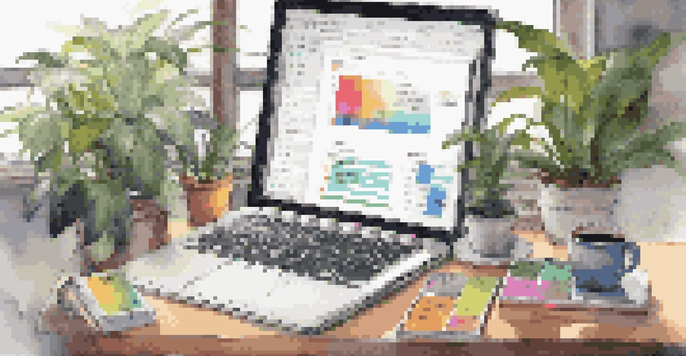 A mobile developer's workspace with a laptop showing code, colorful sticky notes, a cup of coffee, and a smartphone, all in a well-lit room with natural light and plants.