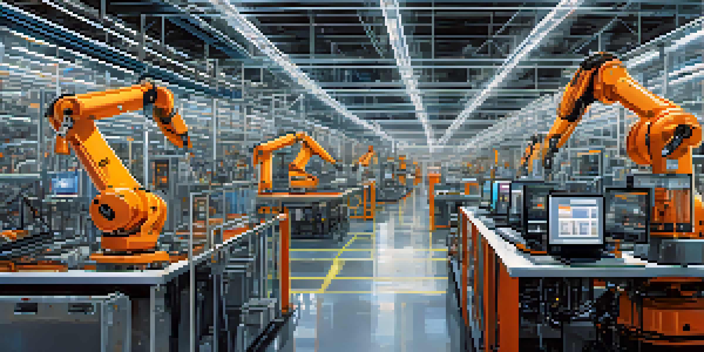 An interior view of a smart factory featuring machines and robotic arms communicating with each other, illuminated by modern LED lights.
