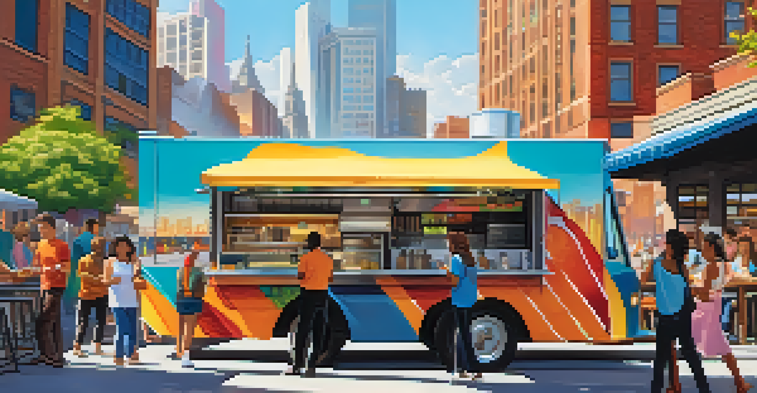 A person using a smartwatch to make a payment at a colorful food truck in a busy urban setting, with sunlight creating interesting shadows.
