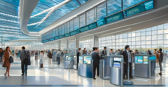 A modern airport terminal with travelers using a facial recognition scanner at a biometric security checkpoint, surrounded by large glass windows.