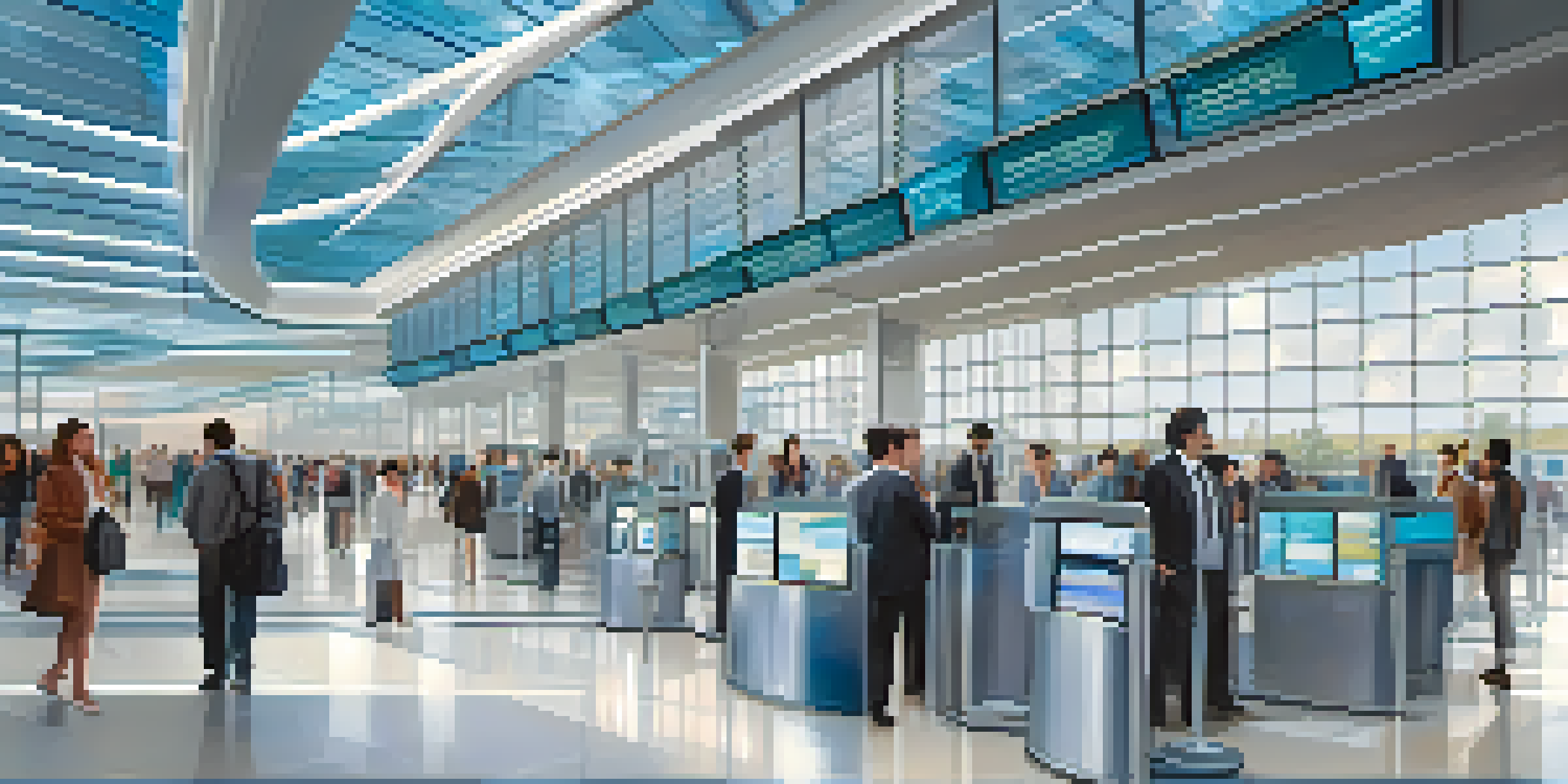 A modern airport terminal with travelers using a facial recognition scanner at a biometric security checkpoint, surrounded by large glass windows.