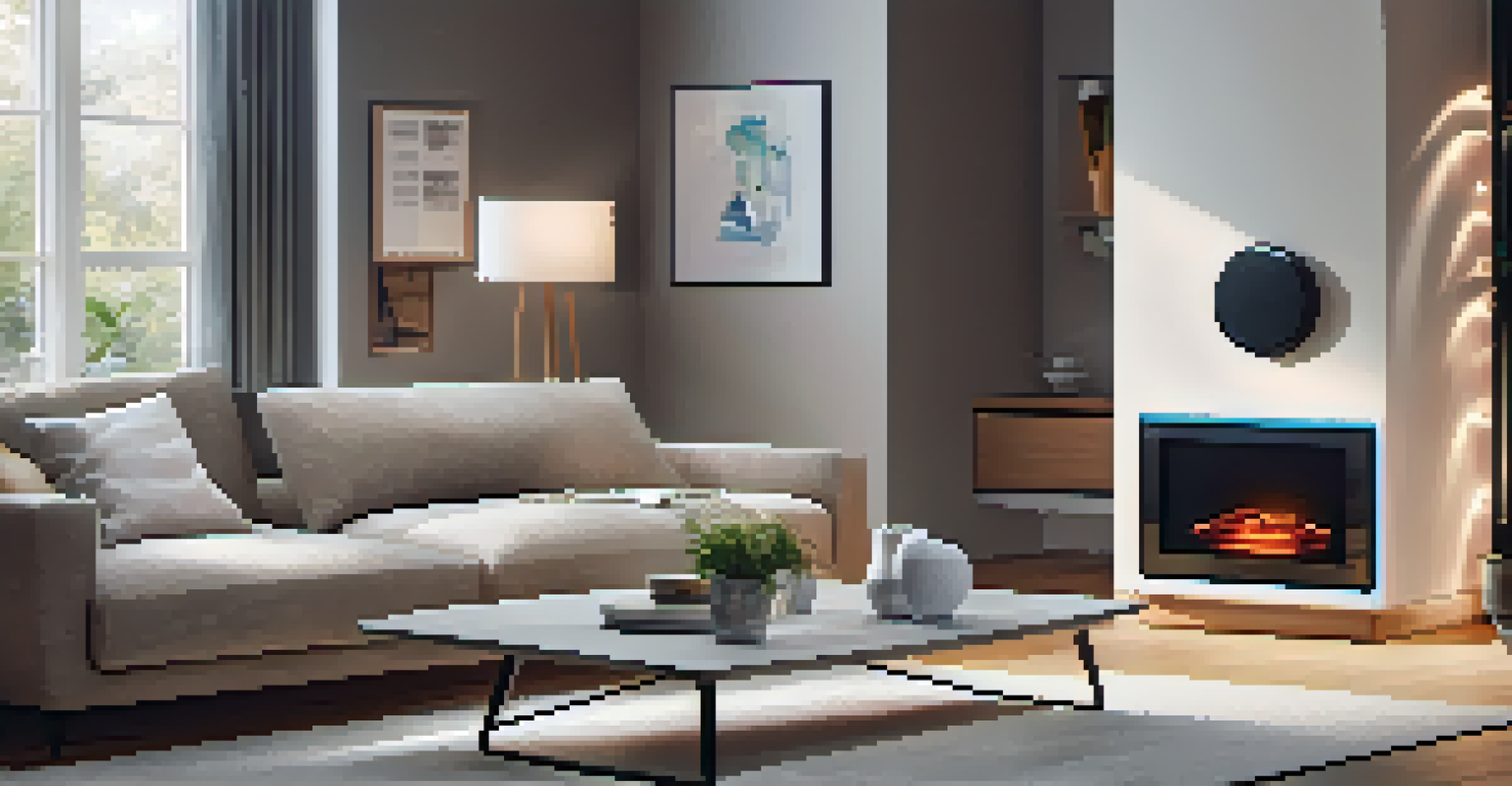 A stylish living room with a smart home assistant on a table, showcasing the use of voice commands to control smart devices.