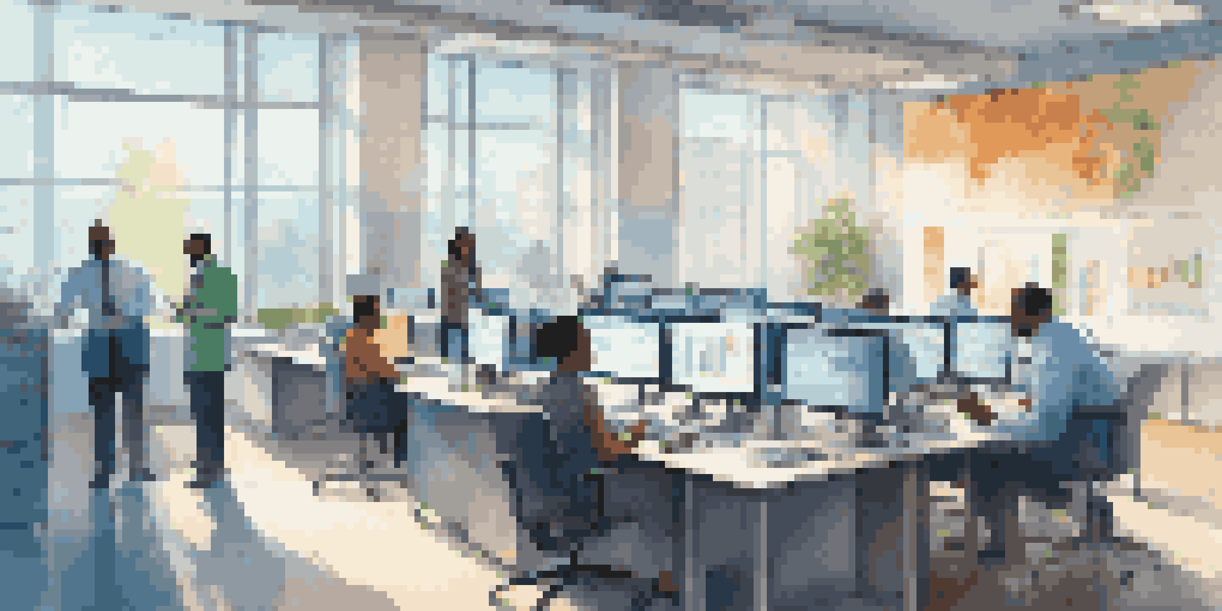 A busy public health office with diverse professionals working with data on large screens, illuminated by warm sunlight.