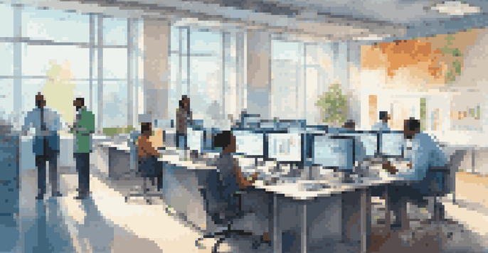 A busy public health office with diverse professionals working with data on large screens, illuminated by warm sunlight.