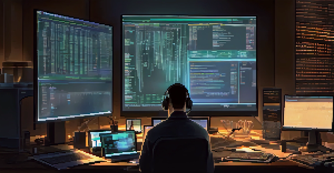 A digital forensics expert working on a computer with digital evidence displayed on the screen in a dimly lit room.