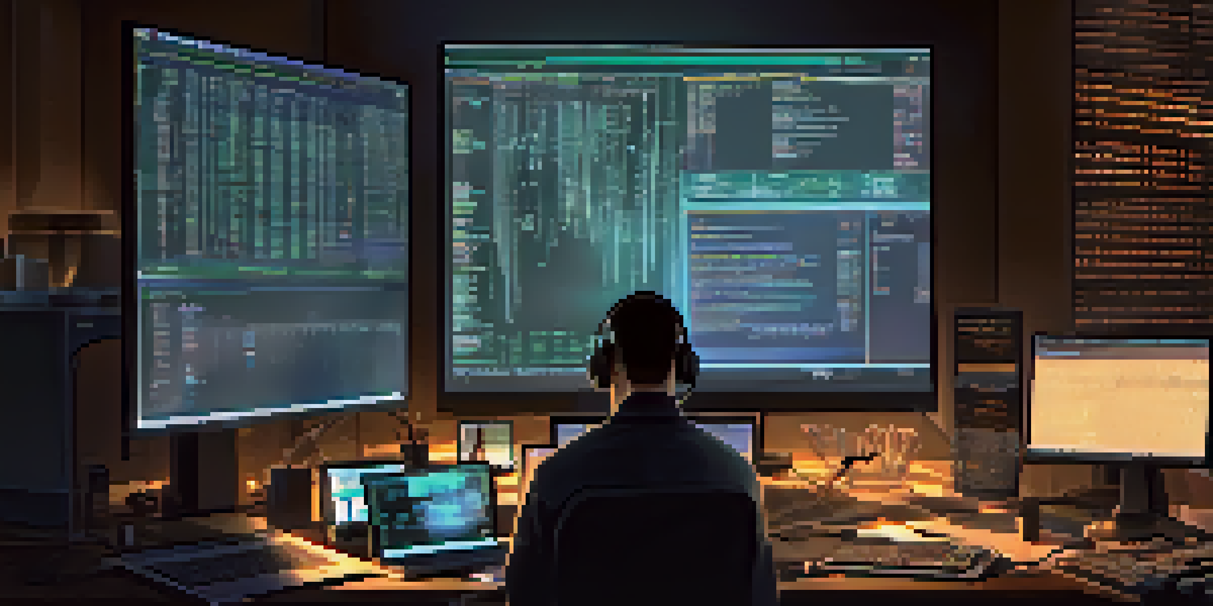A digital forensics expert working on a computer with digital evidence displayed on the screen in a dimly lit room.