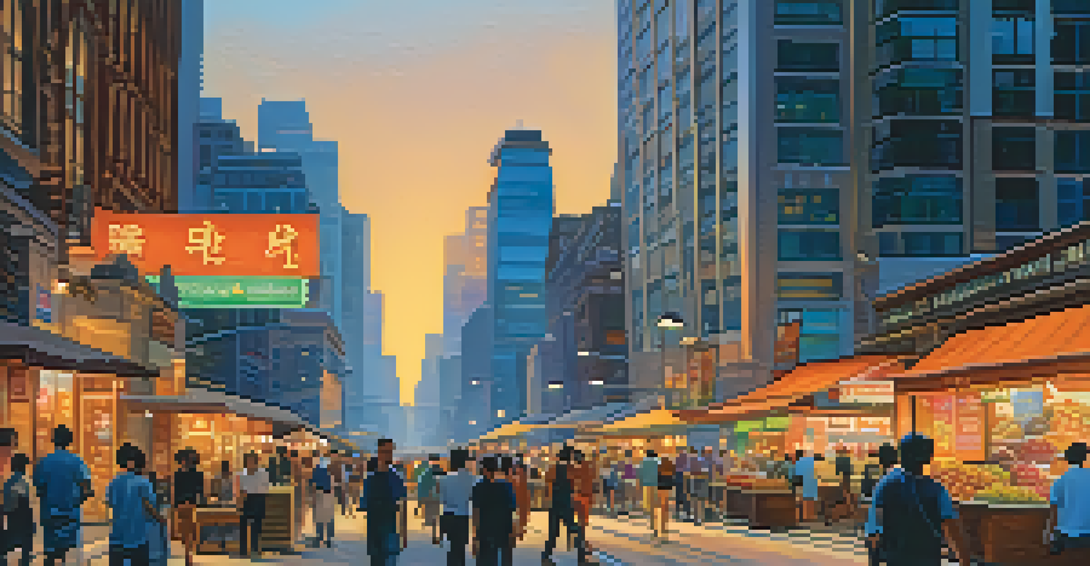 A vibrant city street at dusk with illuminated skyscrapers, people walking, and colorful storefronts.