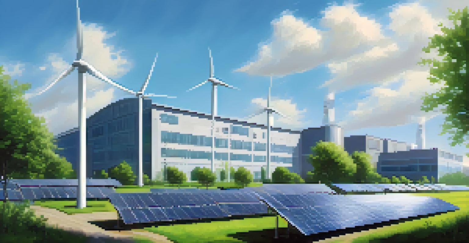 An eco-friendly factory with solar panels and wind turbines, surrounded by greenery and a bright blue sky.