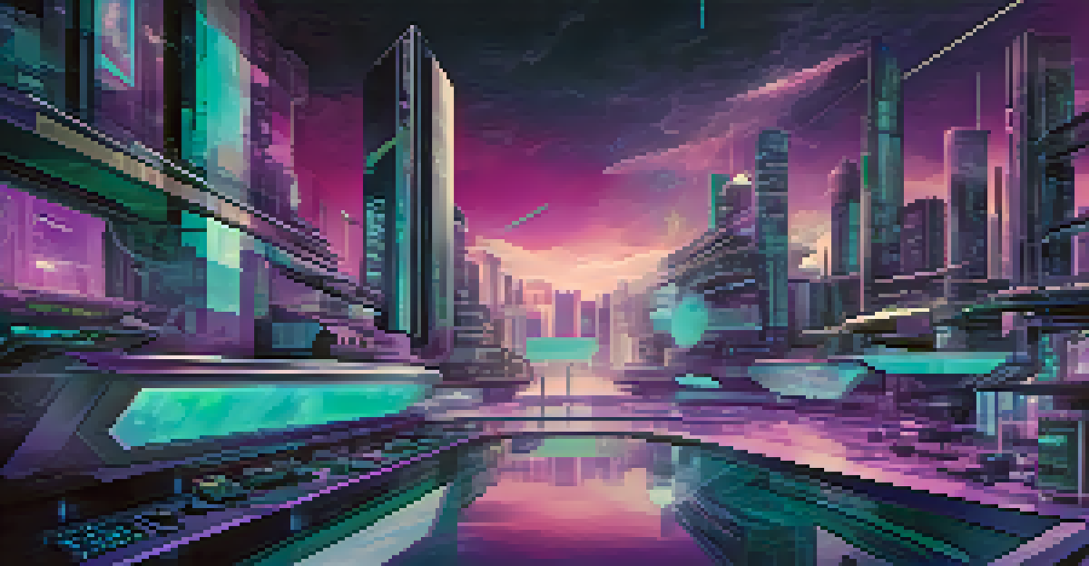 An abstract futuristic cityscape showcasing IT service management and DevOps collaboration with floating digital elements and vibrant colors.