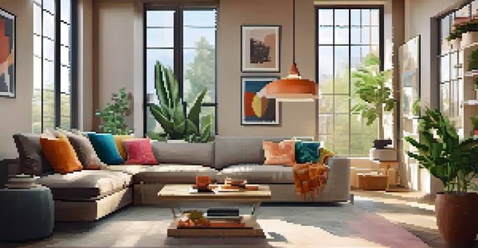 A bright and cozy living room filled with natural light, featuring a comfortable sofa, a coffee table with a cup of coffee, and an indoor plant.