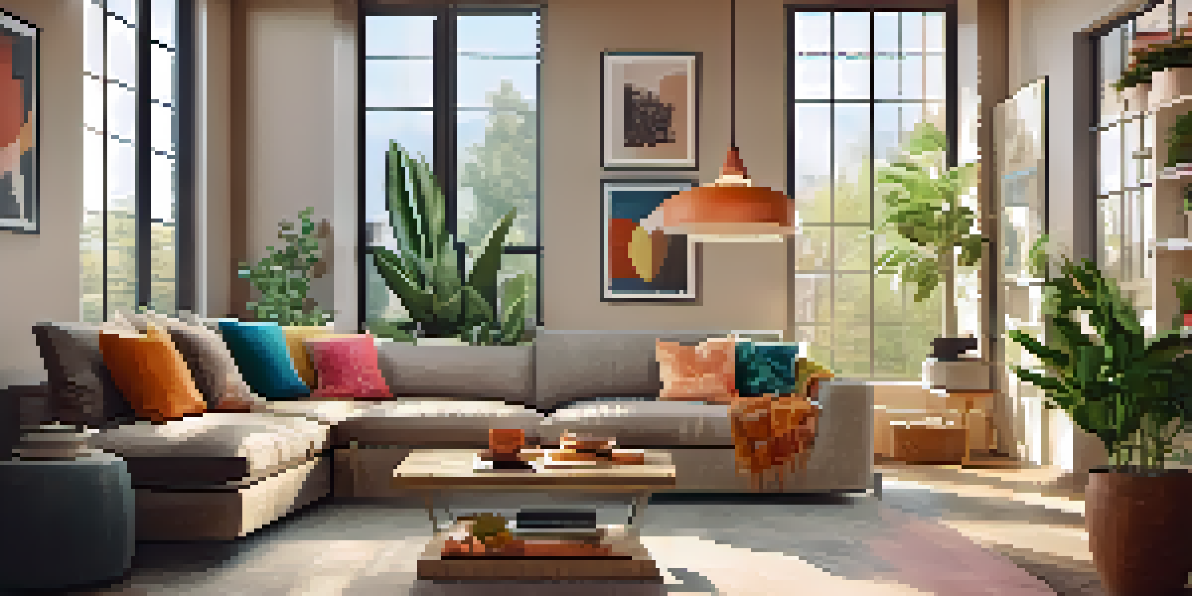 A bright and cozy living room filled with natural light, featuring a comfortable sofa, a coffee table with a cup of coffee, and an indoor plant.