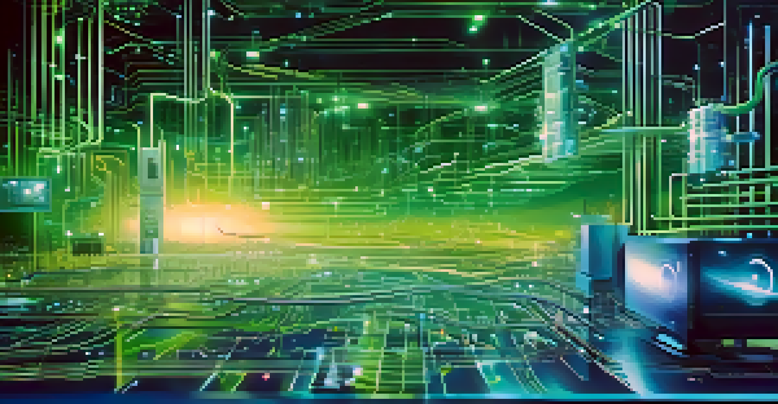 A futuristic digital landscape showing data streams and a robotic arm in a high-tech environment.