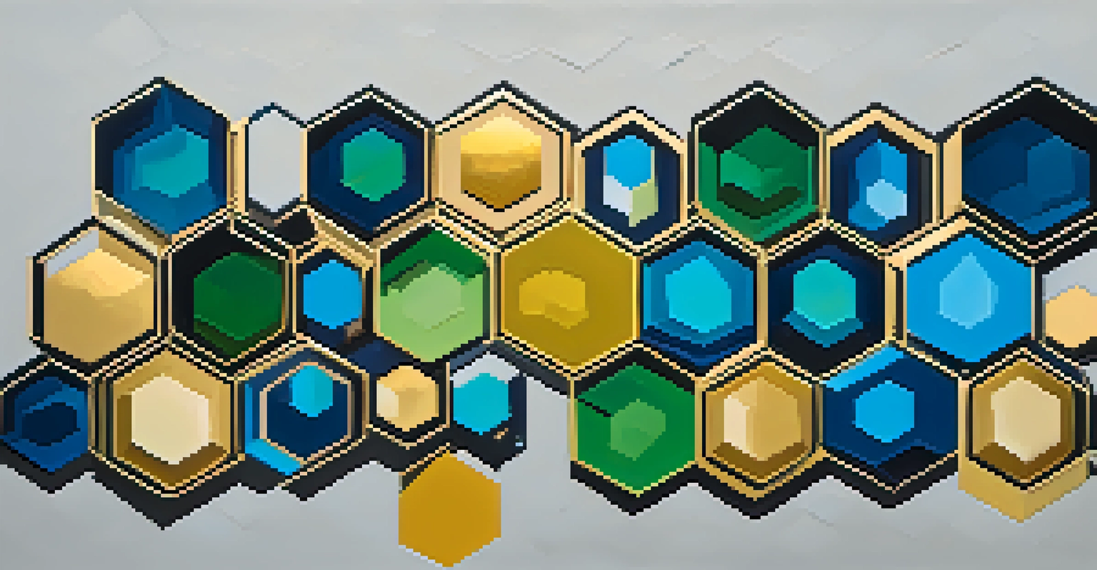 Abstract hexagons in vibrant colors representing blockchain technology and decentralization.