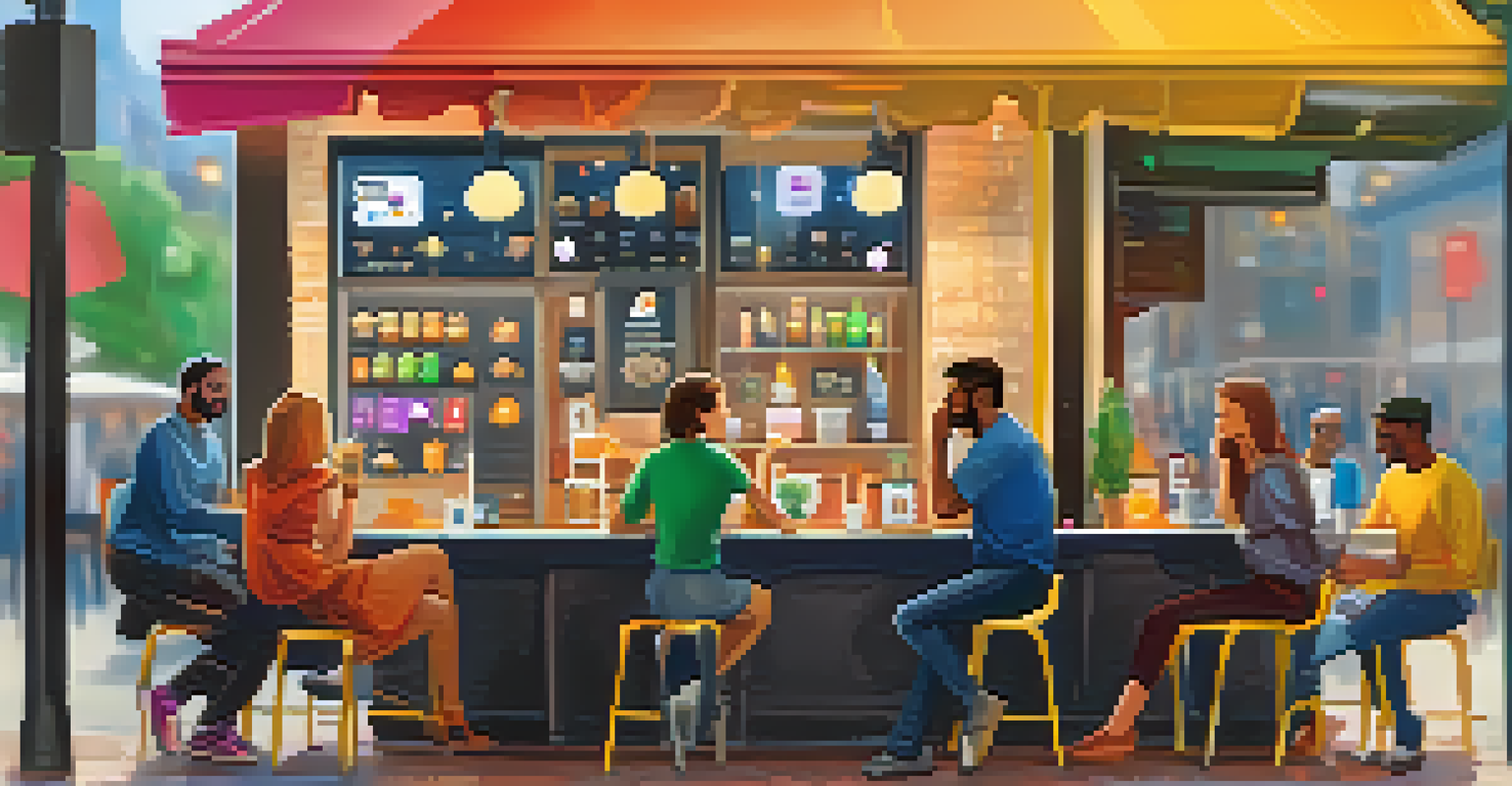 A smartphone with a vibrant chatbot conversation filled with emojis and images, set against a lively coffee shop background.