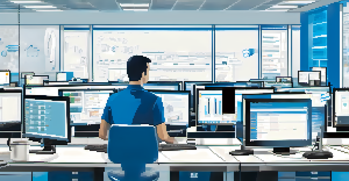 A technician helping a user at an IT service desk in a bright, modern office setting.