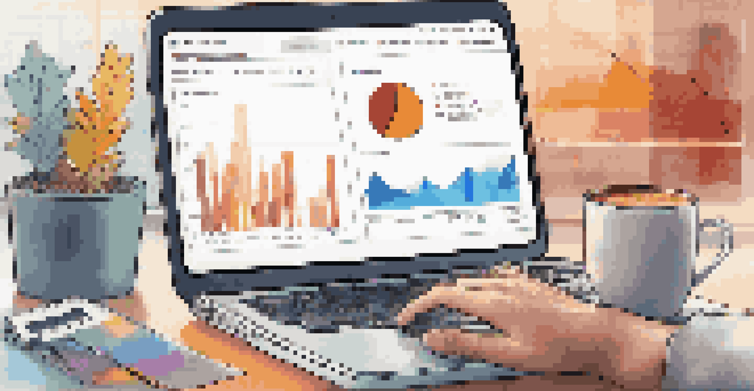 A close-up of a laptop screen showing a data analytics dashboard with colorful graphs, while a person takes notes in the background.