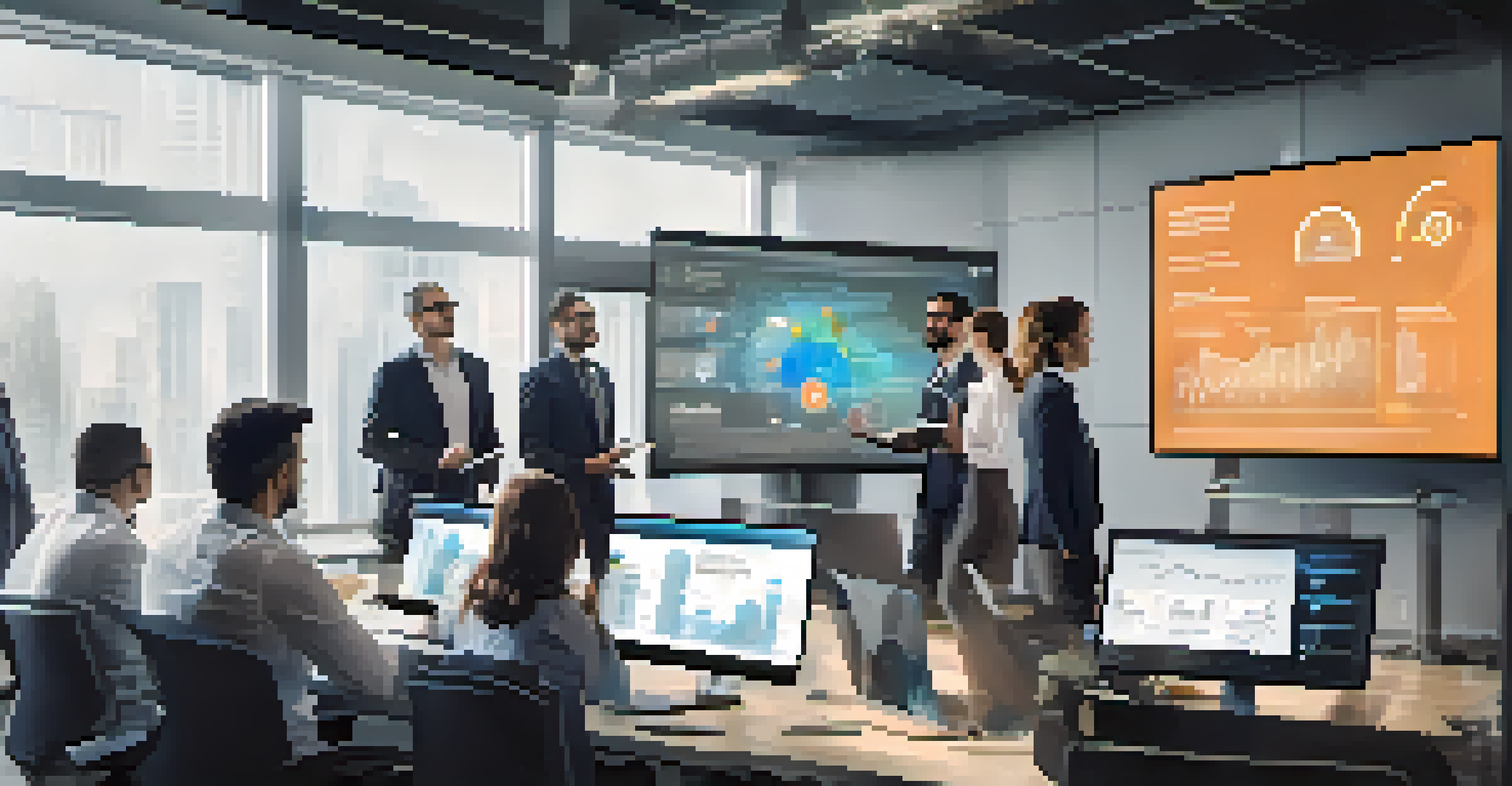 A diverse team of professionals collaborating around a screen showing a cloud security dashboard, emphasizing teamwork and technology.
