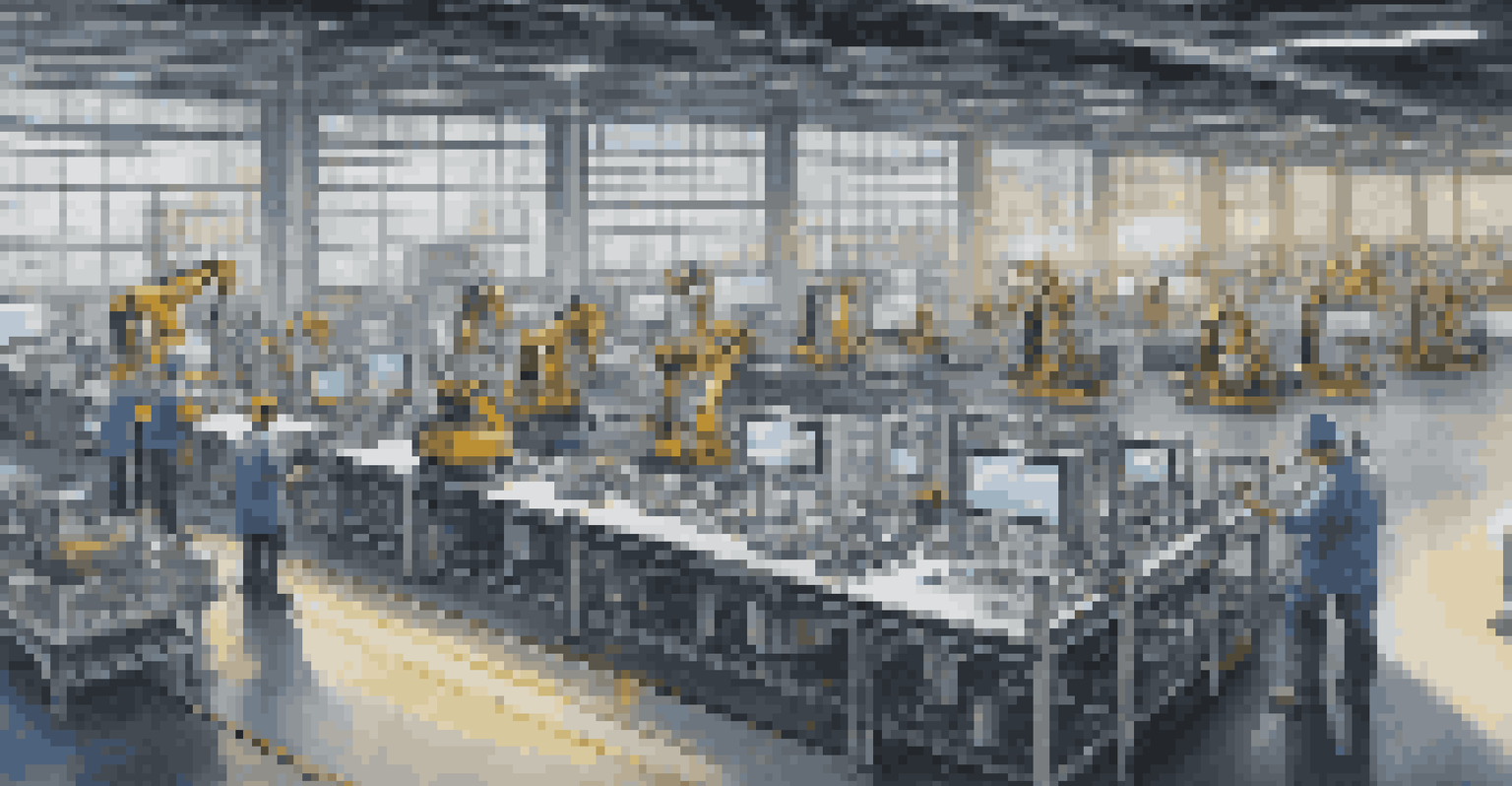 An industrial factory floor with machines and sensors, showcasing real-time data processing and edge devices in action.