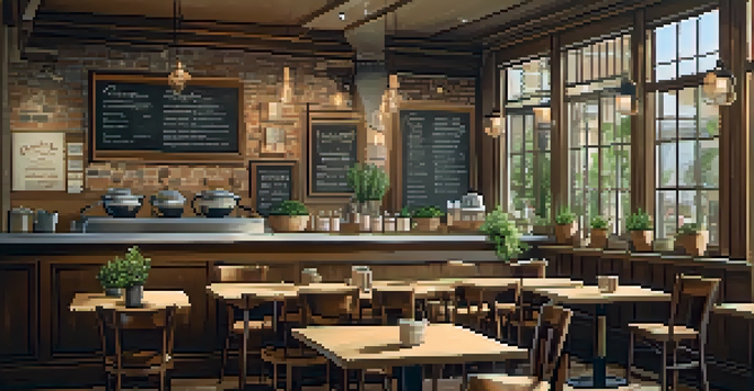 A cozy café interior with matching furniture, a chalkboard menu, and staff in uniform, all under warm lighting.