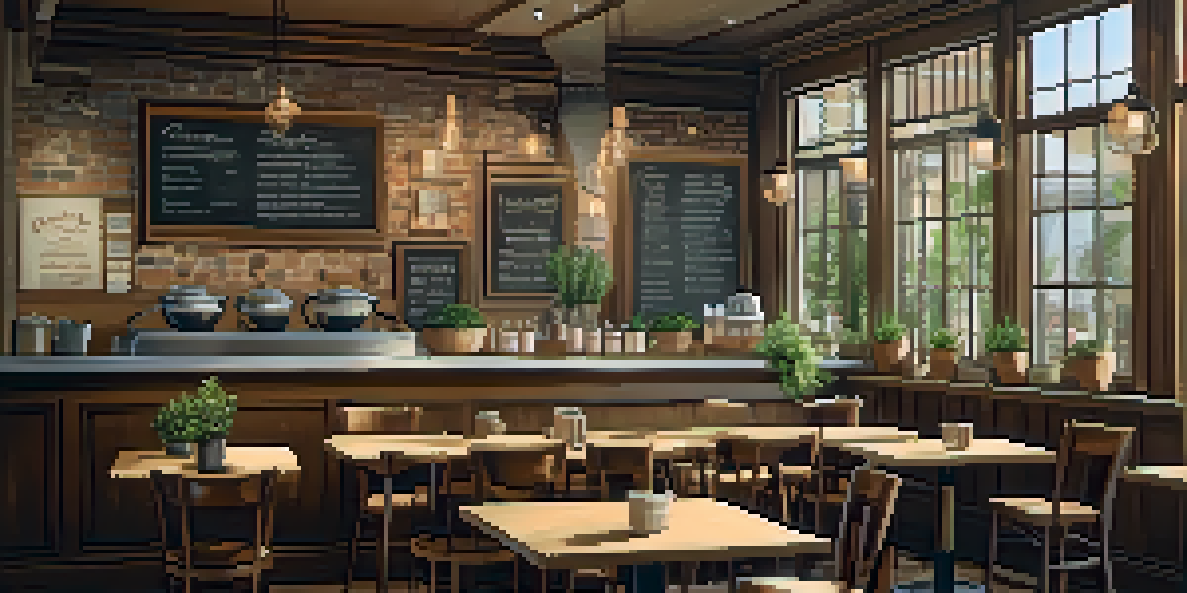 A cozy café interior with matching furniture, a chalkboard menu, and staff in uniform, all under warm lighting.