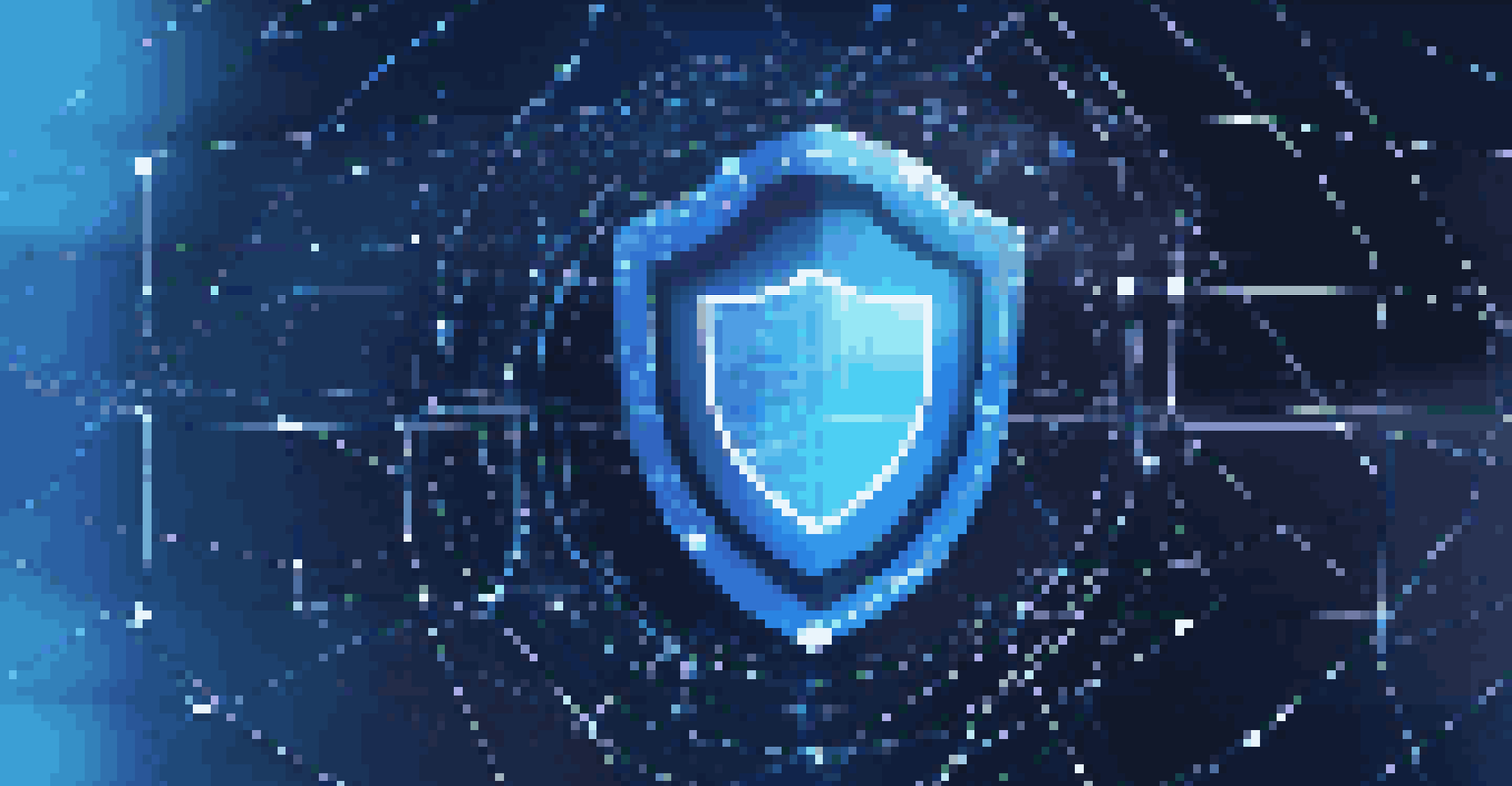An abstract image showing a shield symbol over a network of data nodes, representing the concept of data privacy in digital twins.