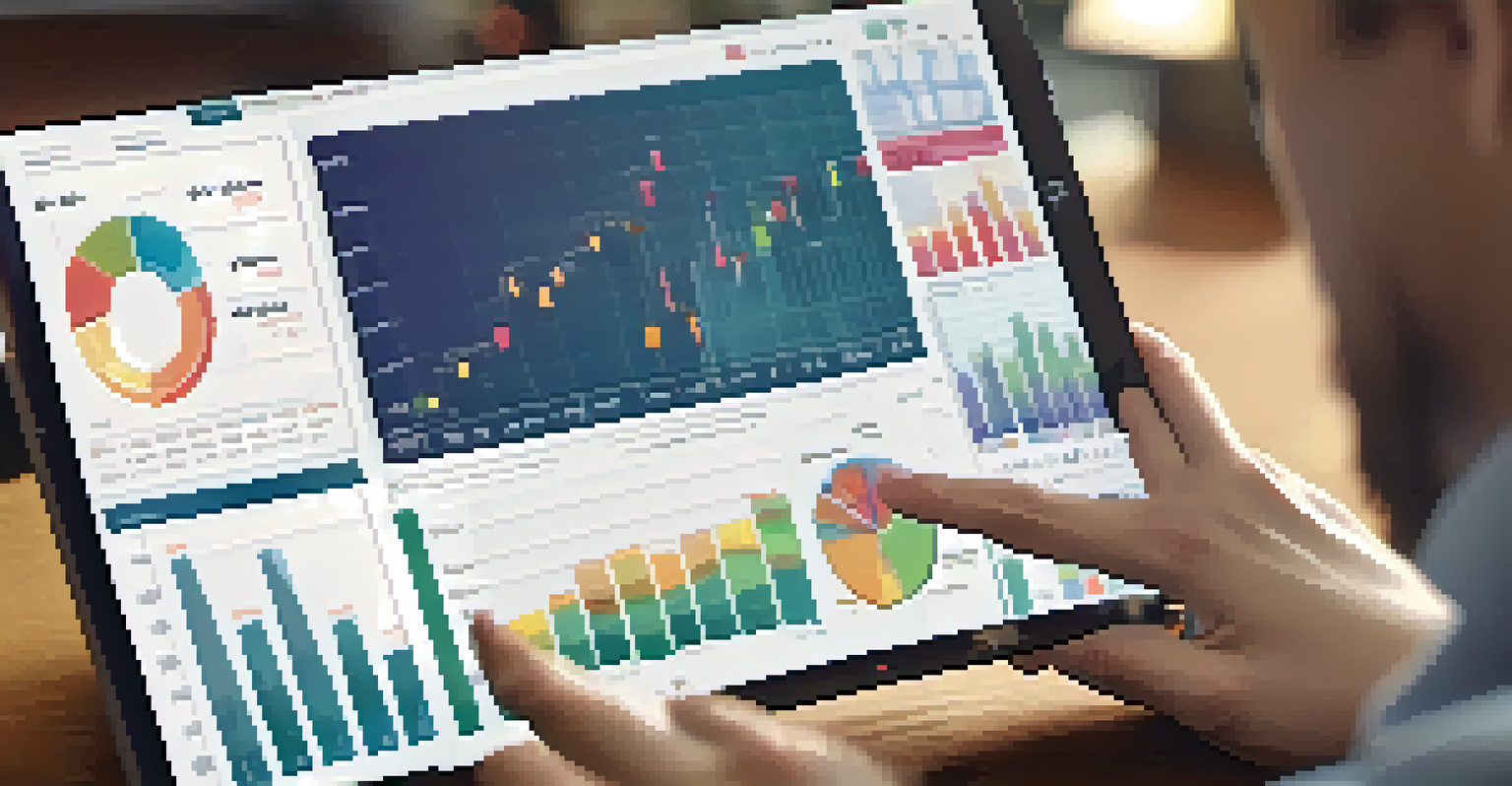 A close-up of a person analyzing data on a tablet surrounded by notes and charts on a table.