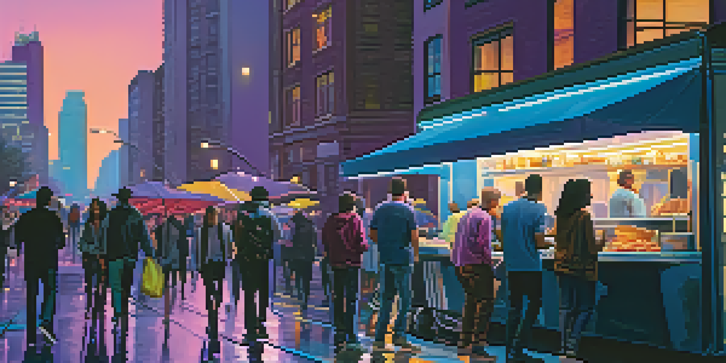 A vibrant city street at night with neon lights, people walking, and a food truck.