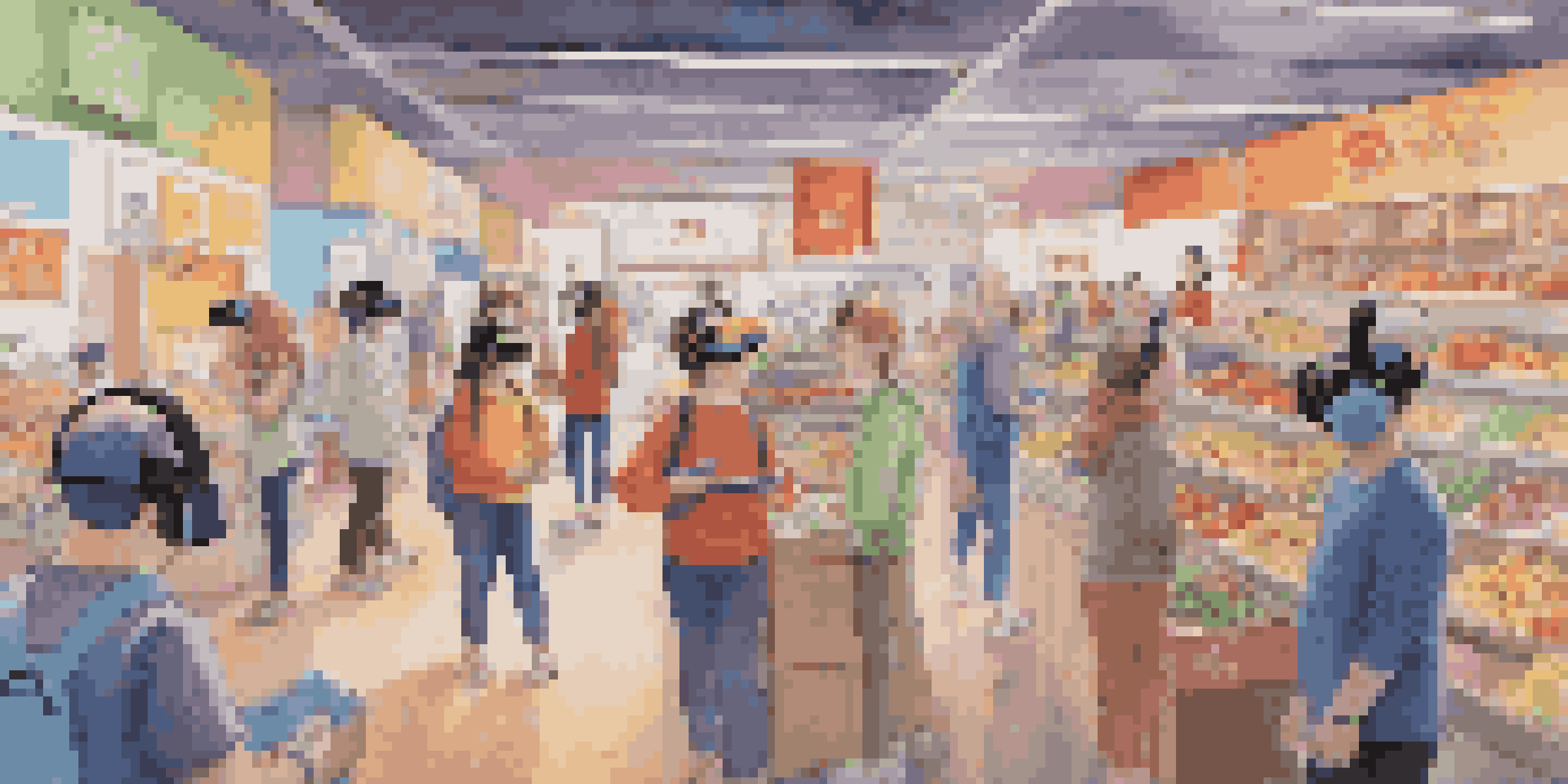 Students in a virtual reality classroom wearing headsets, engaging with animated characters in a colorful market while learning a foreign language.