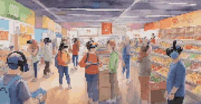 Students in a virtual reality classroom wearing headsets, engaging with animated characters in a colorful market while learning a foreign language.