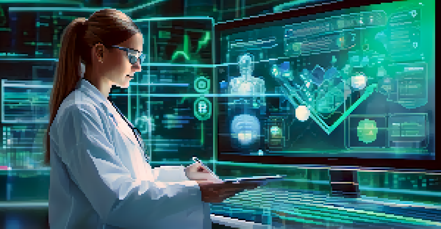A healthcare professional reviewing patient data on a holographic display, with medical icons in the background.