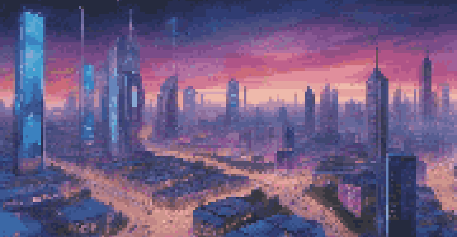 A modern city skyline at dusk with drones and smart streetlights, showcasing advanced urban technology.