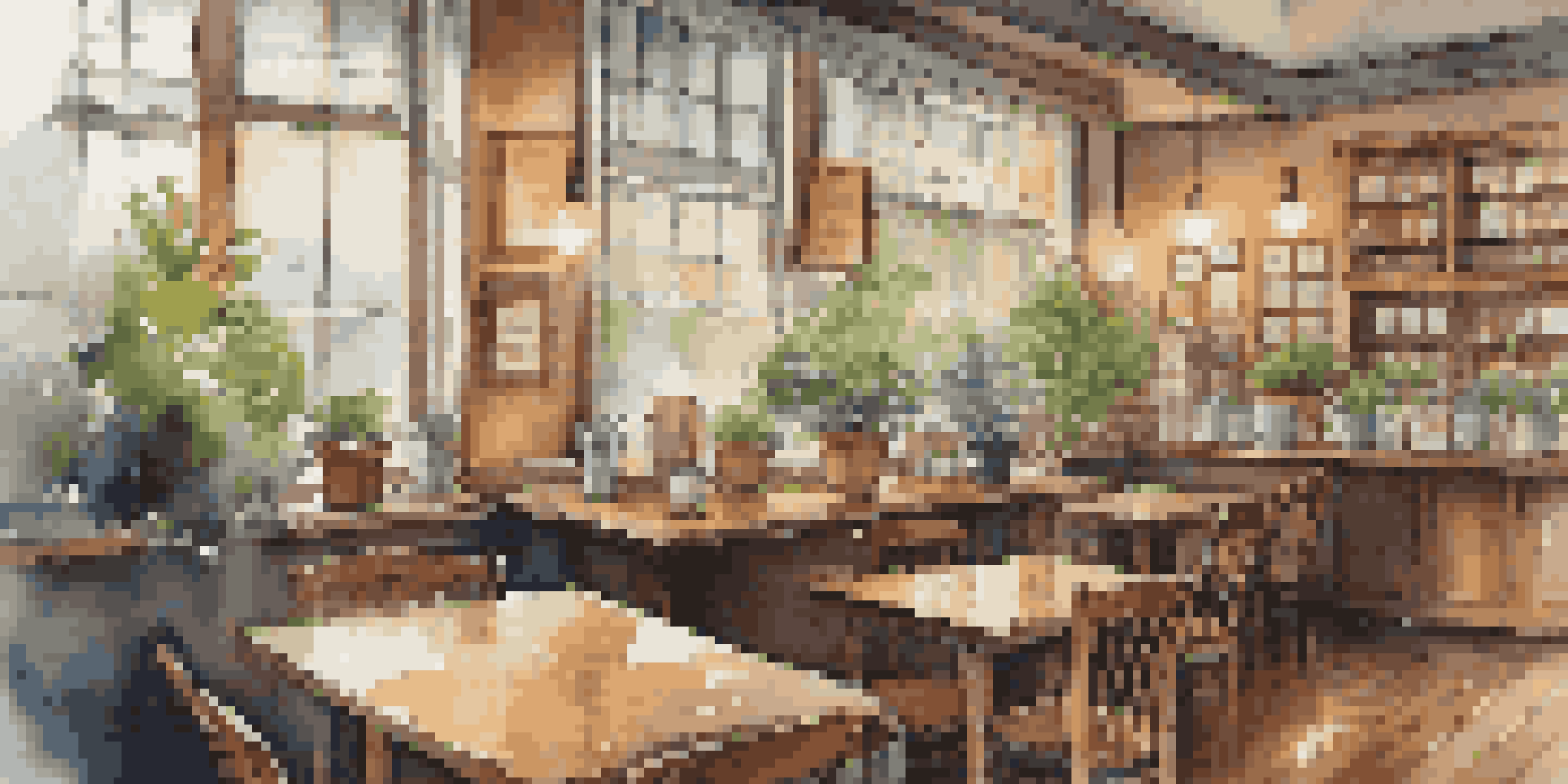 A warm and cozy coffee shop interior with wooden furniture, a steaming cup of coffee, and a view of a rainy street outside.