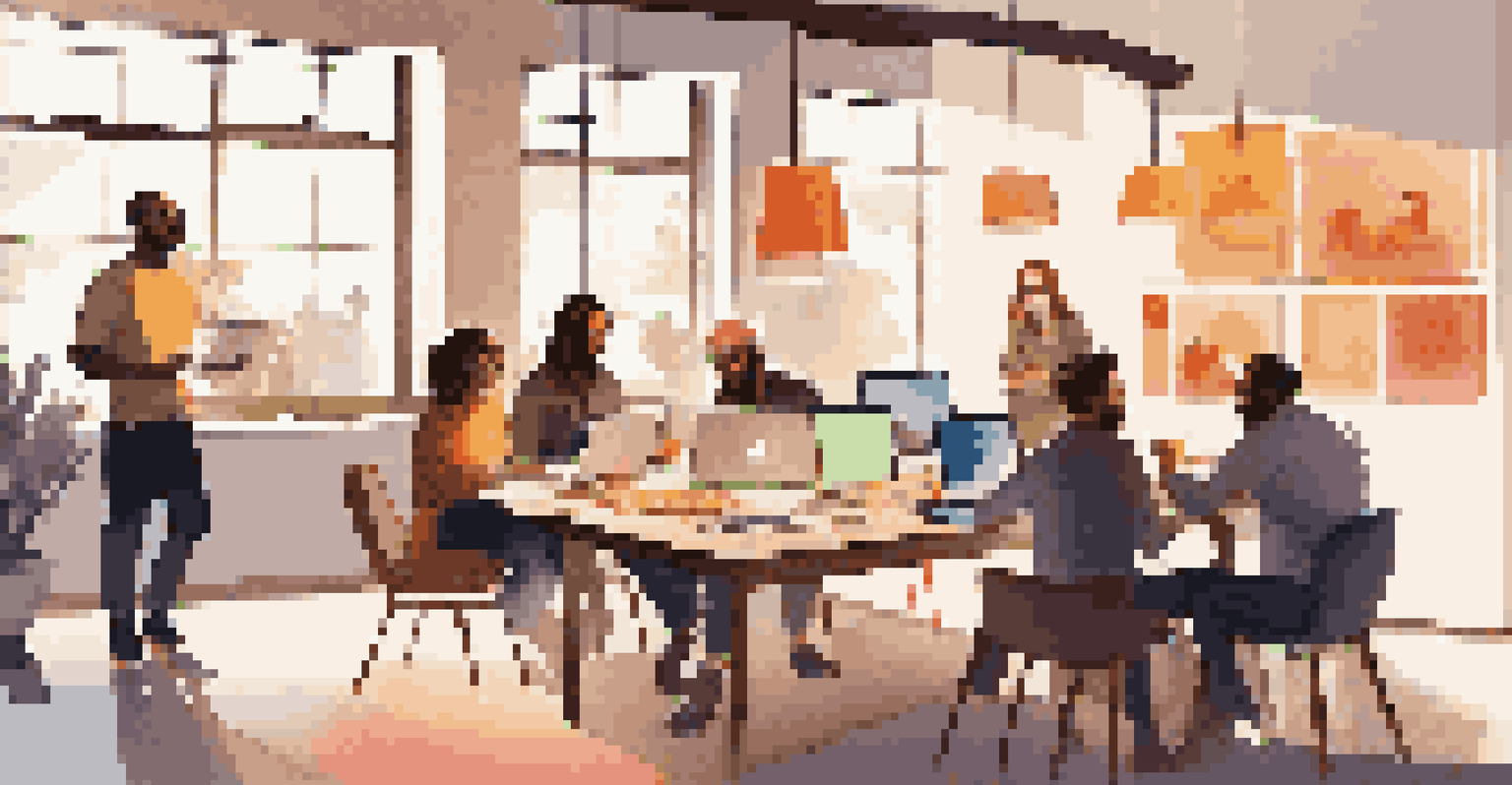 A diverse group of designers collaborating at a table with laptops and digital tablets, surrounded by mood boards in a warmly lit environment.