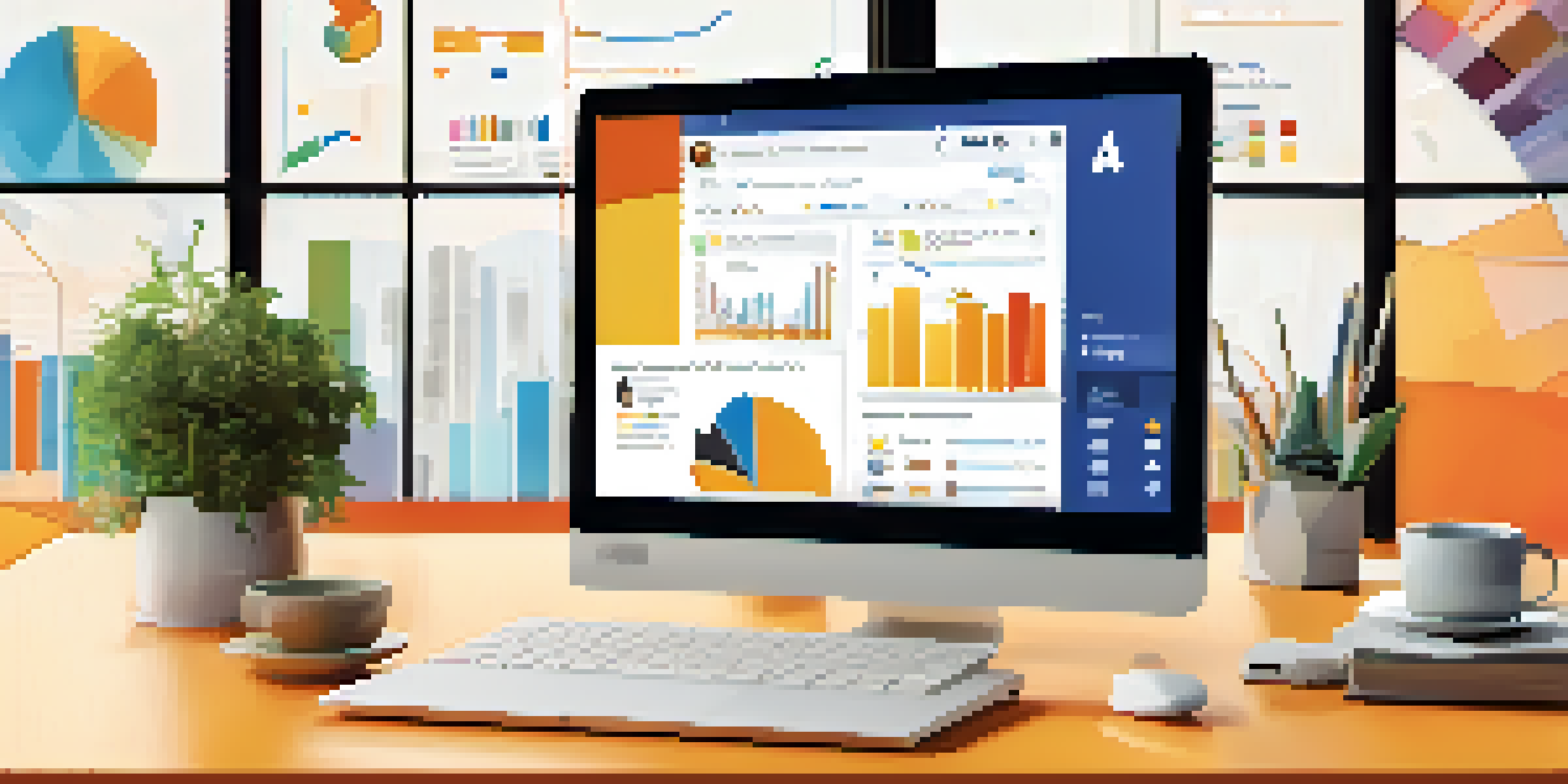 A cozy office space with a laptop displaying Facebook Ads Manager, surrounded by colorful charts and a coffee cup, illuminated by natural light.